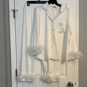 Elegant White Feather Trim Wedding Pajama Set